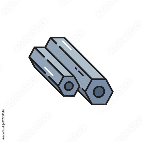 Aluminium rolled metal pipe pipeline, isolated armature outline icon. Rolling industry metalworking construction element, stainless steel profile
