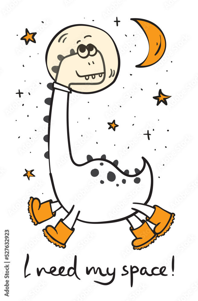 Fototapeta Funny dinosaur in space. Cute dinosaur cosmonaut. Dinosaur in outer space. Vector hand-drawn color children's illustration. Baby print. Good for posters, textiles, t shirts.