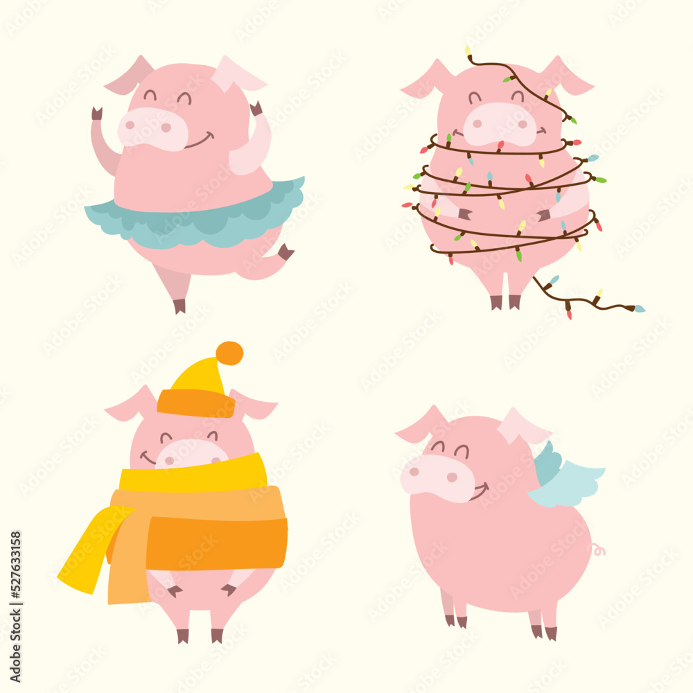 Cute Christmas piggies collection. Vector illustration of funny cartoon pigs in different costumes Cute Christmas piggies collection. Vector illustration of funny cartoon pigs in different costumes