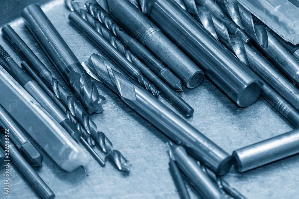 Close-up scene the group of used cutting tools for CNC milling machine. Close-up scene the group of used cutting tools for CNC milling machine.