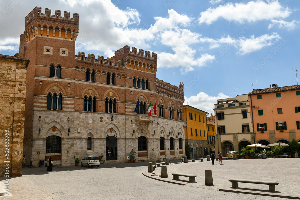 Palazzo Aldobrandeschi, the seat of the provincial government of Grosseto, overlooking Piazza Dante, the main square of the  Tuscan city in the Maremma area, Grosseto, Tuscany, Italy