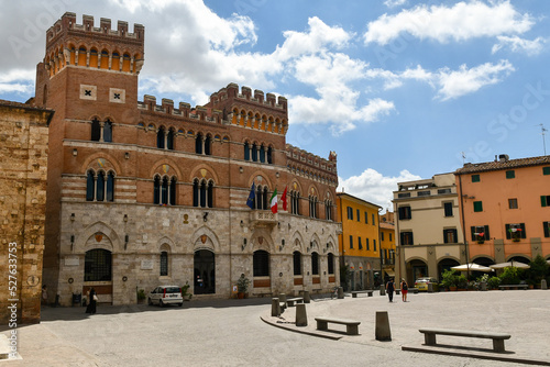 Palazzo Aldobrandeschi, the seat of the provincial government of Grosseto, overlooking Piazza Dante, the main square of the  Tuscan city in the Maremma area, Grosseto, Tuscany, Italy
