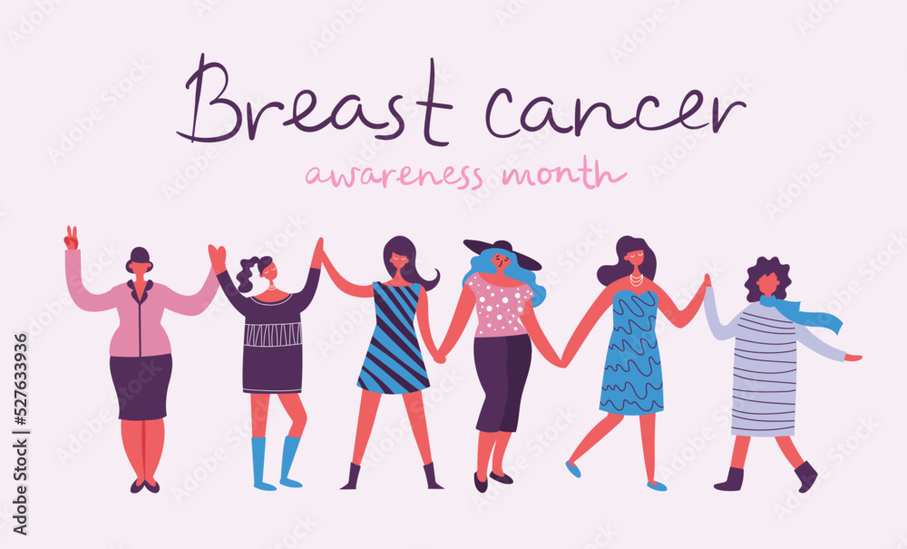 Breast cancer awareness month for disease prevention campaign and diverse ethnic women group together with pink support ribbon symbol on chest concept Breast cancer awareness month for disease prevention campaign and diverse ethnic women group together with pink support ribbon symbol on chest concept