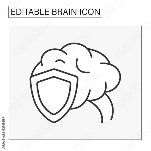  Brain line icon. Protective shield. Security. Neurology. Brainstorming concept. Isolated vector illustration. Editable stroke