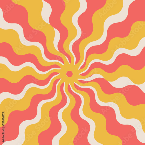 Retro banner backgroud with sun rays in aesthtic style of 70s. Sunburst, sunrise summer backdrop. Sunbeam flat geometric illustration, starburst pattern. Vintage groovy wallpaper