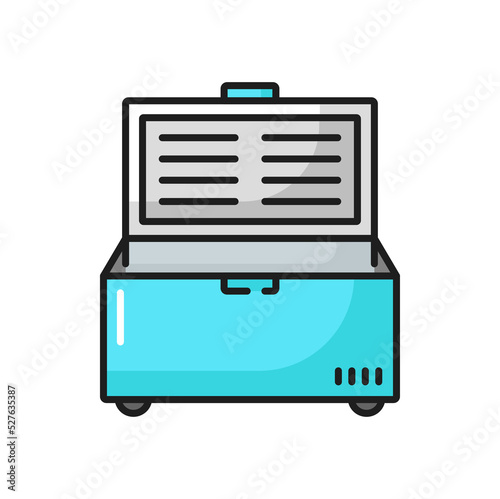 Ice cream freezer, fridge showcase with door in grocery store, supermarket color line icon. Vector industrial fridge, bar chiller open device for frozen food. Horizontal modern shop refrigerator