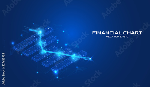 Abstract low poly financial chart isometric layout template. Digital business strategy blue background wireframe structure style vector.