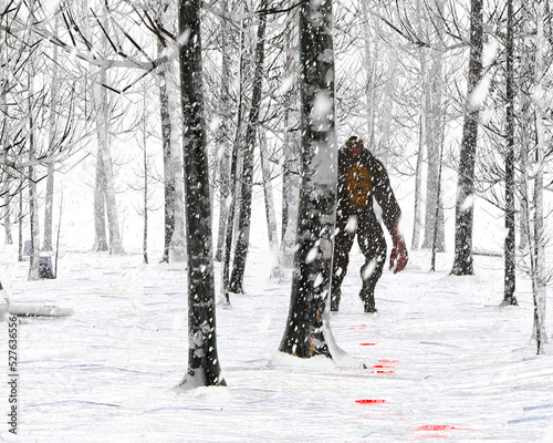 3d illustration of a Gugwe bigfoot variant stood in a snowy forest with a trail of blood leading to it