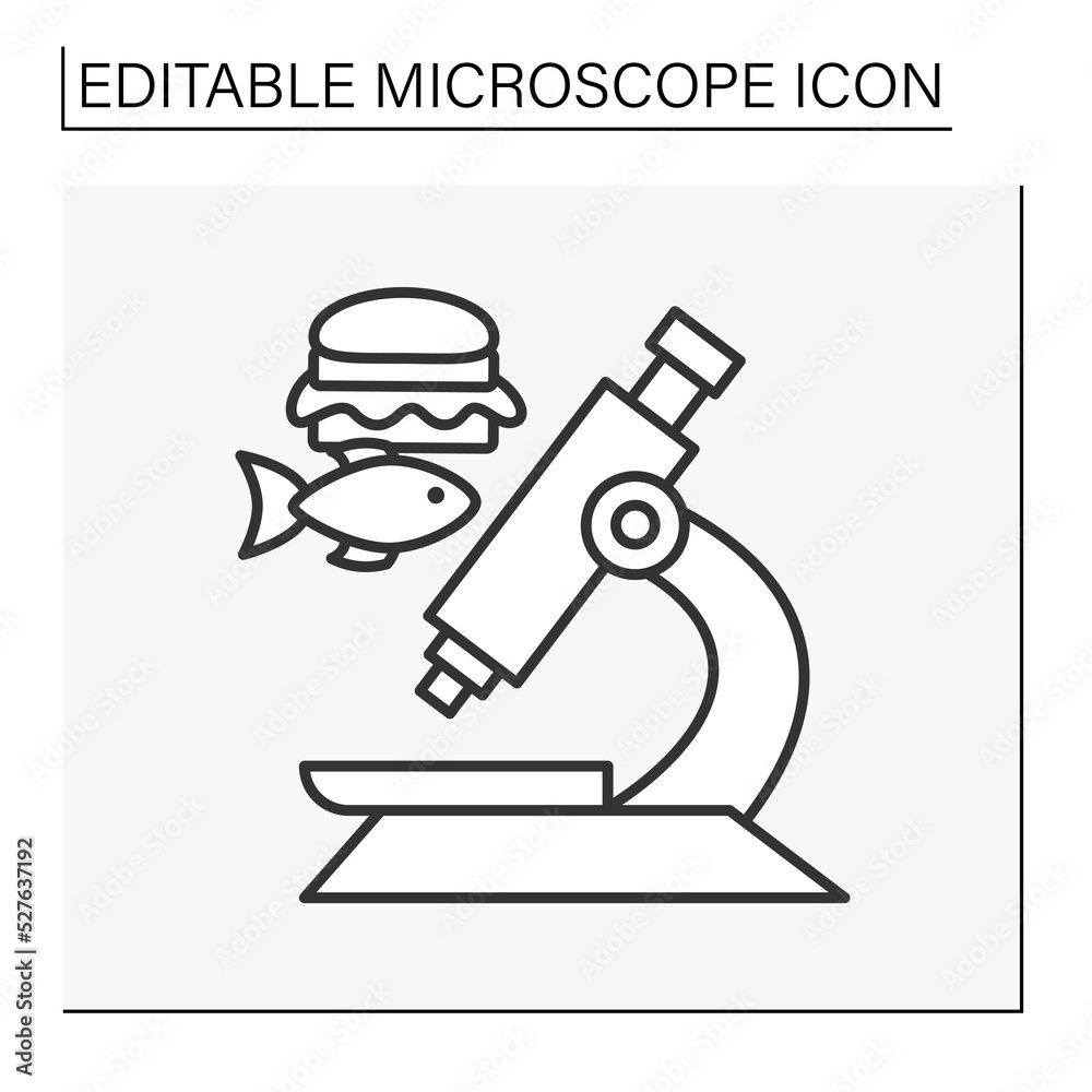 Researching line icon. Analyzing food by microscope. Examination of fish and fast food. Science concept. Isolated vector illustration. Editable stroke Researching line icon. Analyzing food by microscope. Examination of fish and fast food. Science concept. Isolated vector illustration. Editable stroke