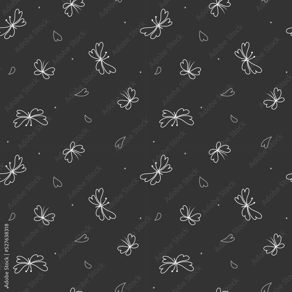 seamless pattern of stylized white butterflies on a black background