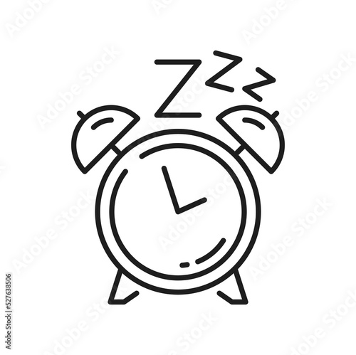 Alarm clock with zzz isolated line art icon. Vector sleeping and bedtime, insomnia, sleepless rest thin line design element. Slumber symbol, time to sleep, bedtime symbol, bedroom hours, rest sign