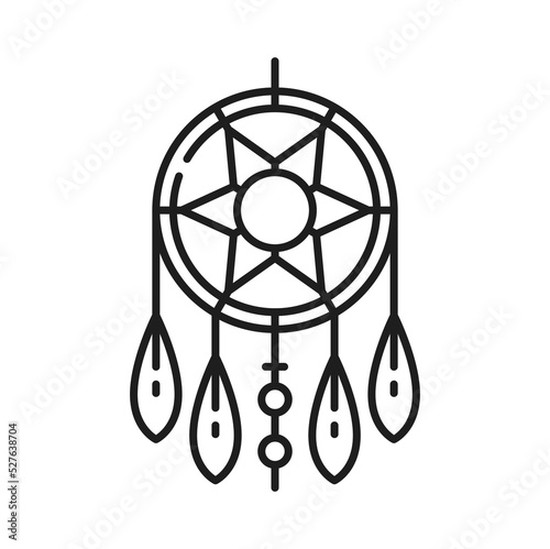 Indians native americans decoration isolated dreamcatcher outline icon. Vector ethnic art object, boho dream catcher chic line art design. Small hoop with horsehair mesh, feathers tribal gypsy symbol