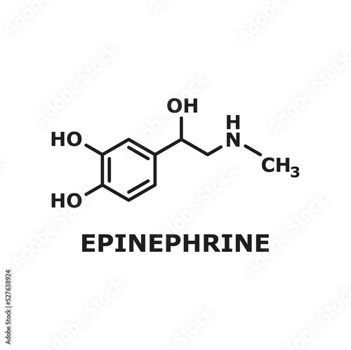 Adrenaline or adrenalin isolated epinephrine neurotransmitter molecule. Vector drug in treatment of anaphylaxis skeletal formula. Hormone chemical structure produced by adrenal glands, certain neurons