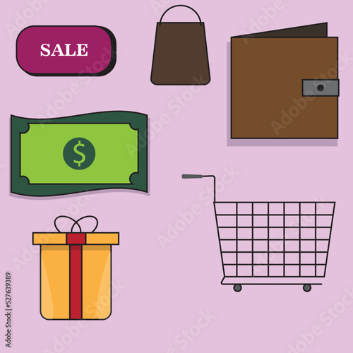 set of shopping icon illustration currency gift basket wallet sale bag vector supermarket 
