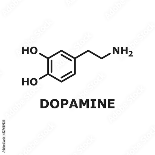 Structural chemical molecular formula of dopamine hormone isolated neurotransmitter thin line structure. Vector dopamine DA dihydroxyphenethylamine neuromodulatory molecule catecholamine photo