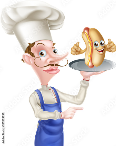 Cartoon Chef Holding Hot Dog Pointing