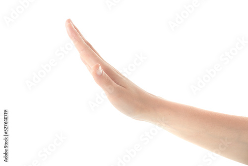 Female Hand is Making Stop Gesture on Isolated White Background