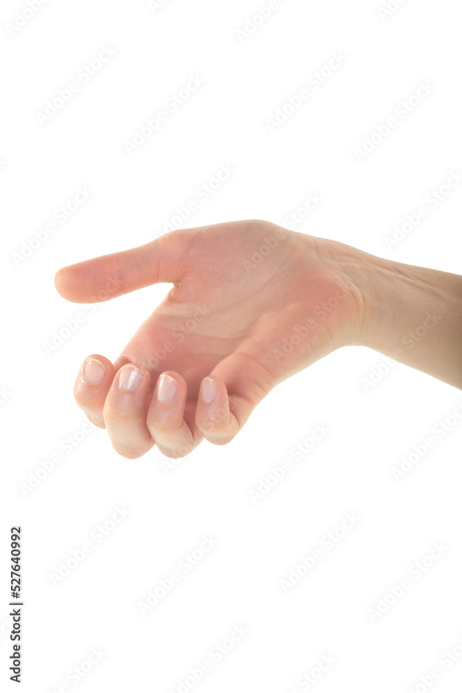 Female Hand is Pushing Something Away on White Background Female Hand is Pushing Something Away on White Background