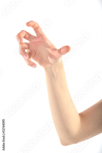 Female Hand is Reaching Something Aggressively Against Isolated White Background
