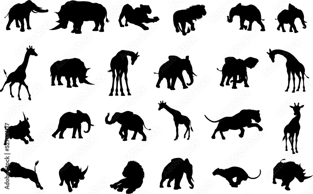 A safari African animal silhouette set including elephants, giraffes, rhinos and lions A safari African animal silhouette set including elephants, giraffes, rhinos and lions