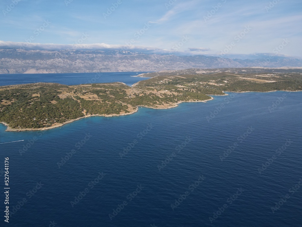 Obraz premium Aerial view of Potocnica, Lun and Novalja in island of Pag, archipelago of Croatia. Panoramic drone view of waterfront, idyllic and turquoise sea in Novalja, Adriatic Sea in Dalmatia region.