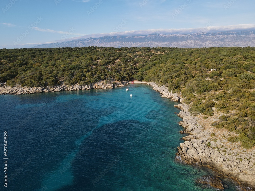 Obraz premium Aerial view of Potocnica, Lun and Novalja in island of Pag, archipelago of Croatia. Panoramic drone view of waterfront, idyllic and turquoise sea in Novalja, Adriatic Sea in Dalmatia region.