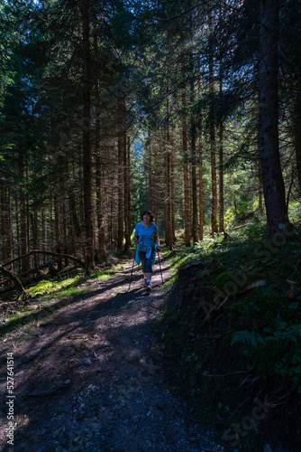 wandernde Frau im dunklen Tannenwald bei Sonntag-Stein im Grosswalsertal. Morgenstimmung im Wald. sportlich unterwegs, Nordicwalking am Morgen