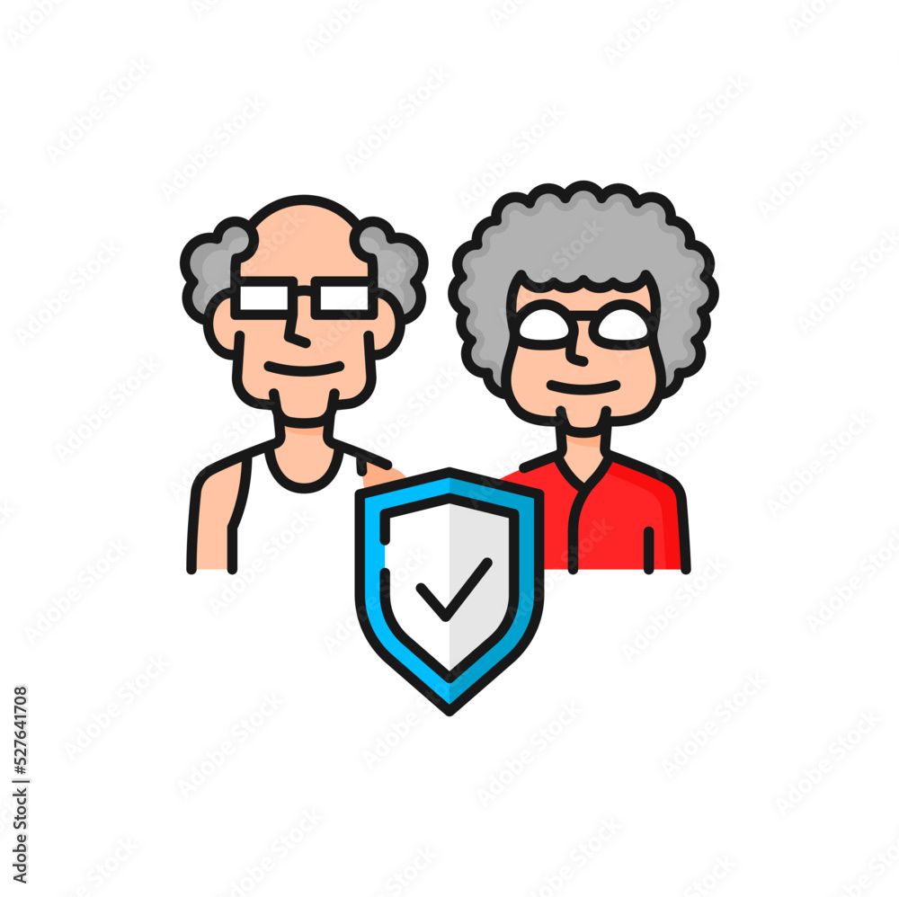 Senior health insurance line icon, vector isolated elderly people and shield. Retirement symbol, old couple man and woman under healthcare protection
