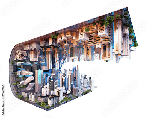 Inception style futuristic curved cityscape creative concept illustration. Future smart city skyline surreal 3D scene. Skyscrapers, towers, tall buildings. Urban view of eco friendly megapolis town
