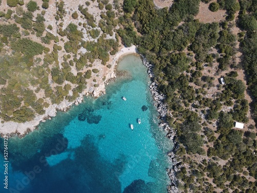 Aerial view of Potocnica, Lun and Novalja in island of Pag, archipelago of Croatia. Panoramic drone view of waterfront, idyllic and turquoise sea in Novalja, Adriatic Sea in Dalmatia region. 