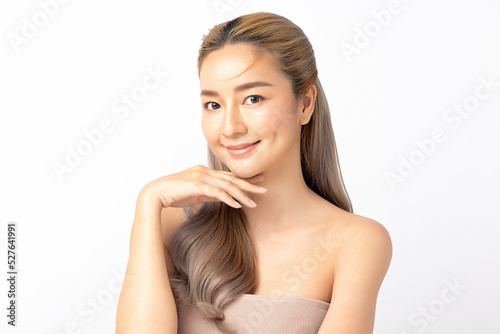 Happy beautiful young asian woman clean fresh bare skin concept. Asian girl beauty face skincare and health wellness, Facial treatment, Perfect skin, Natural make up. Isolated on white background.
