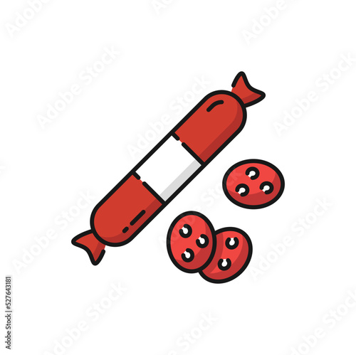 Butchery food German sausage meat whole and cut color outline icon. Vector bratwurst sausage from chicken or turkey, Germany traditional food