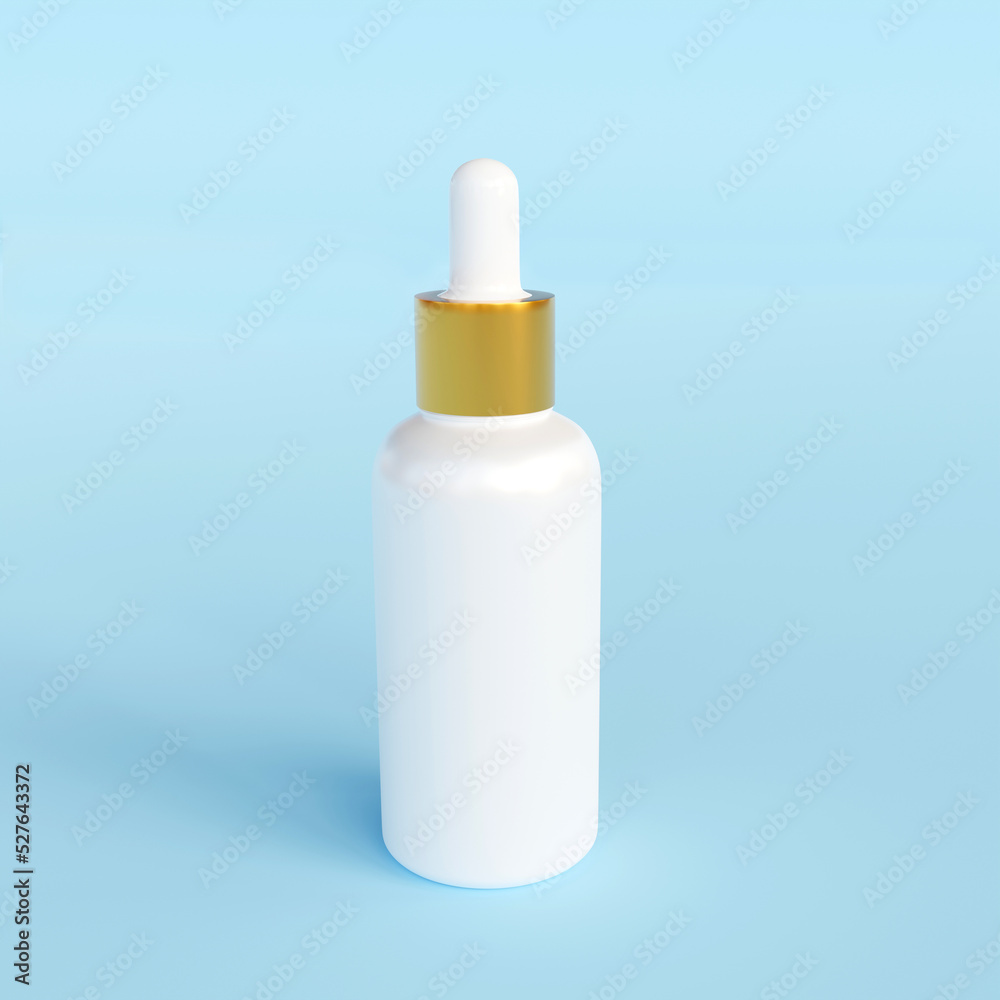 White Serum glass bottle isolated on blue background. 3D Rendering White Serum glass bottle isolated on blue background. 3D Rendering