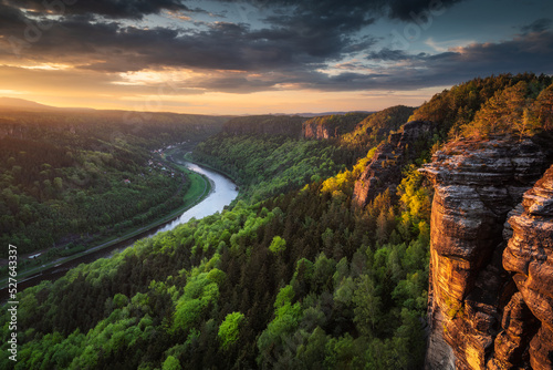 Dramatic sunset in Bohemian Switzerland, Elbe river, Czech Republic