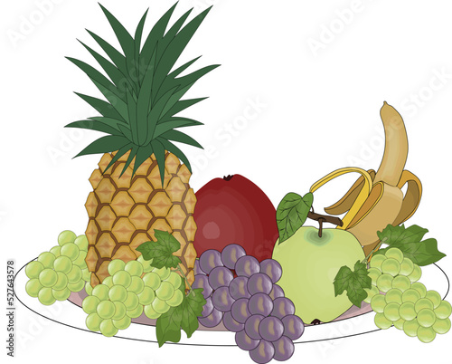 Fine fruits on a platter are bananas, grapes, apples and pineapples.