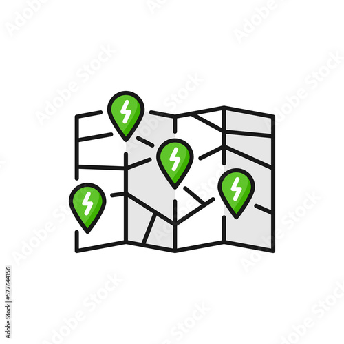 EV charging stations map or network isolated color icon. Vector electric vehicle charging station places pinpoint, map point with green bolt power sign