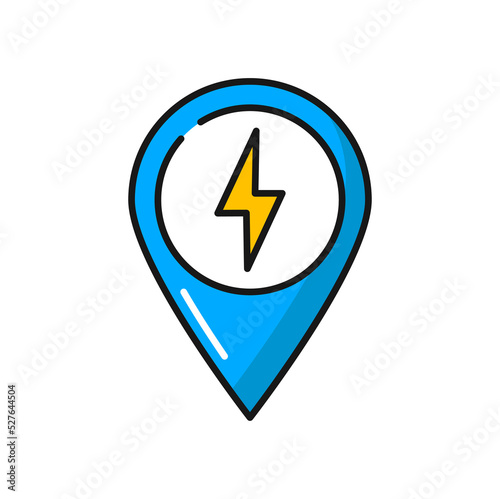 Pinpoint, map point with bolt power sign isolated color line icon. Vector place on map, location where you can charge electric car, charging station