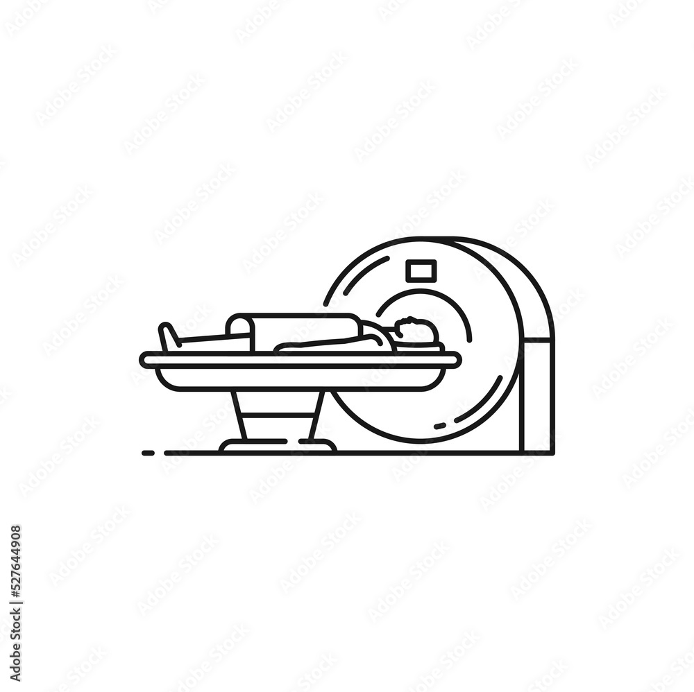 Woman doing MRI scan on tomography machine isolated outline icon. Vector magnetic resonance patient scanning, computed tomography diagnostic