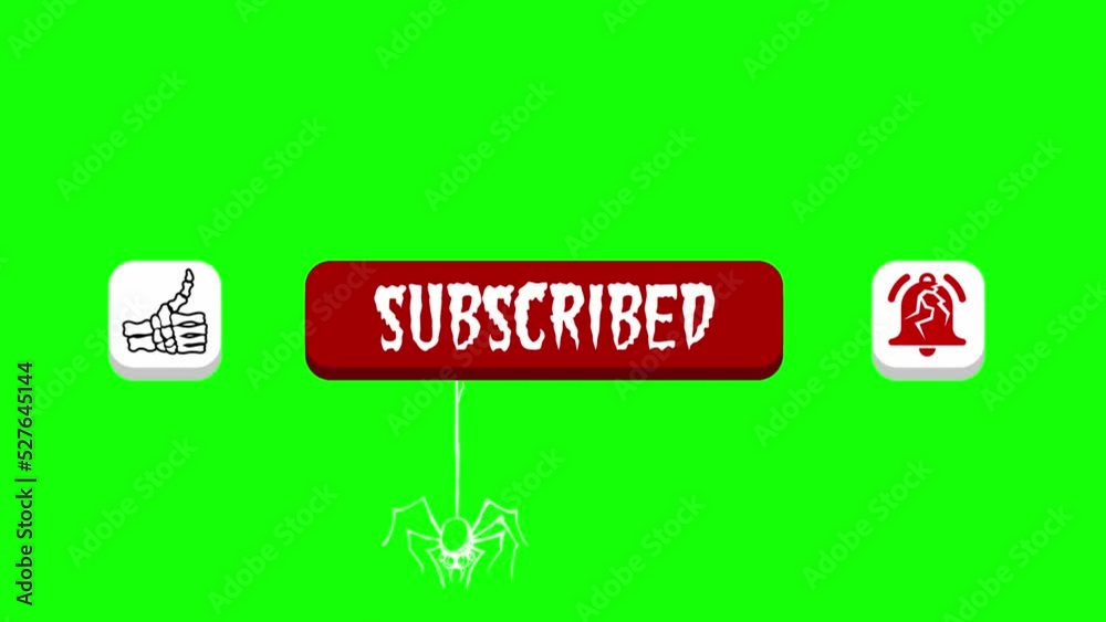 Subscribe Button for Youtube. Halloween Theme. Skeleton hand clicking several Buttons. Thumbs up, red subscribe button with spider moving down and bell icon. Greenscreen.