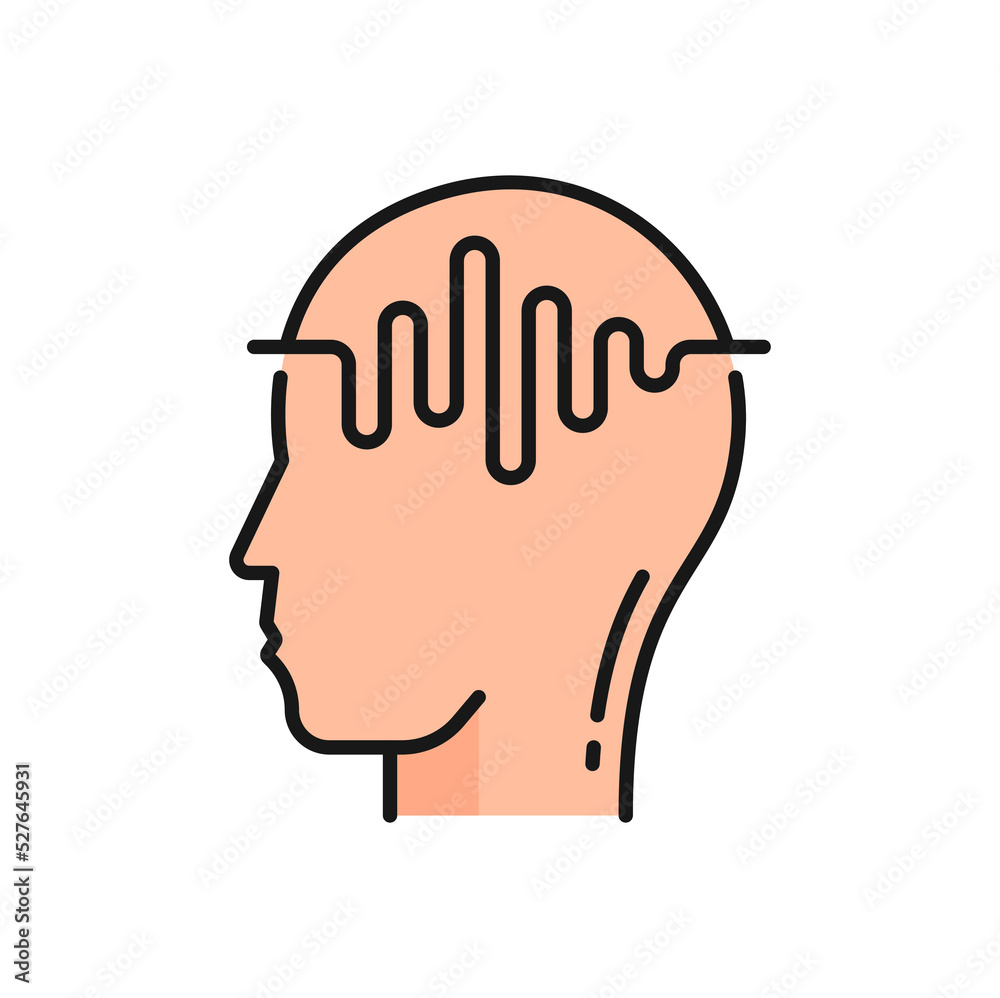 MRI scan icon, radiology and CT tomography of head, vector magnetic resonance imaging. MRI scanner machine linear pictogram of head for medical health diagnostic of brain cancer and oncology MRI scan icon, radiology and CT tomography of head, vector magnetic resonance imaging. MRI scanner machine linear pictogram of head for medical health diagnostic of brain cancer and oncology