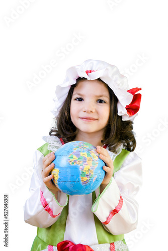 Pretty Little Girl is Holding and Showing Globe on White photo