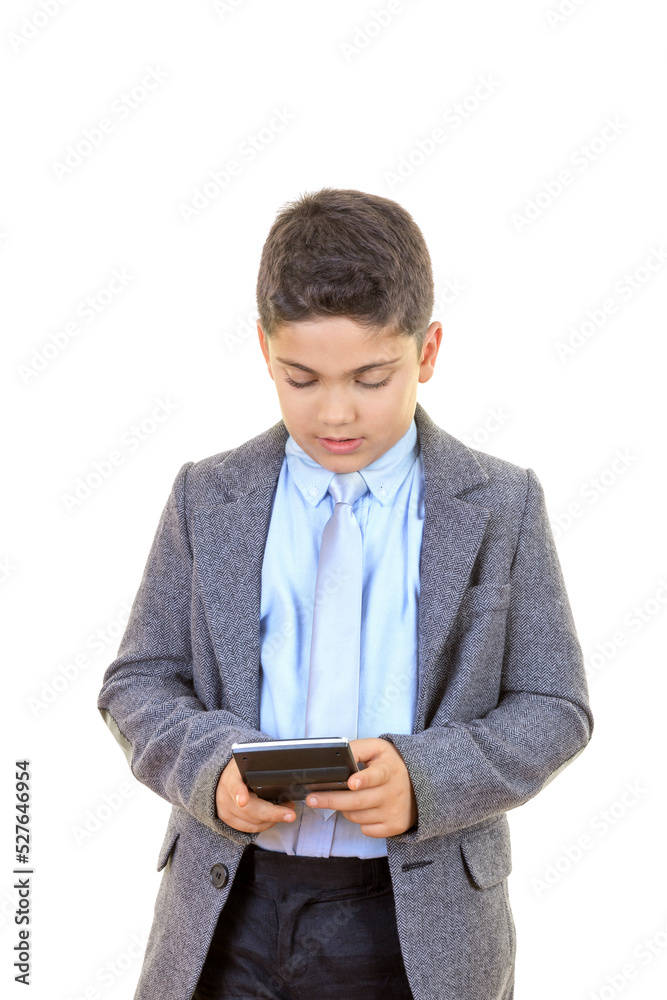 Little Businessman is Calculating New Budget On White Background Little Businessman is Calculating New Budget On White Background