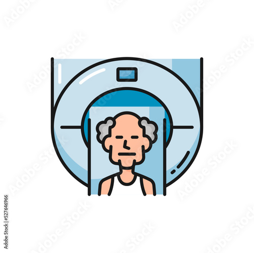 MRI scan, senior people tomography diagnostics and CT radiology, vector color icon, MRT or MRI magnetic resonance imaging of head or brain, old patient on medical examination