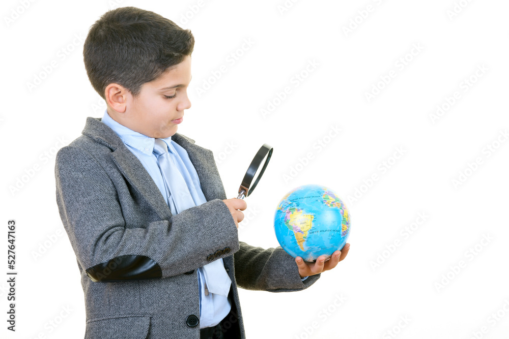 Little Businessman is Searching For New Business Opportunities on White Little Businessman is Searching For New Business Opportunities on White