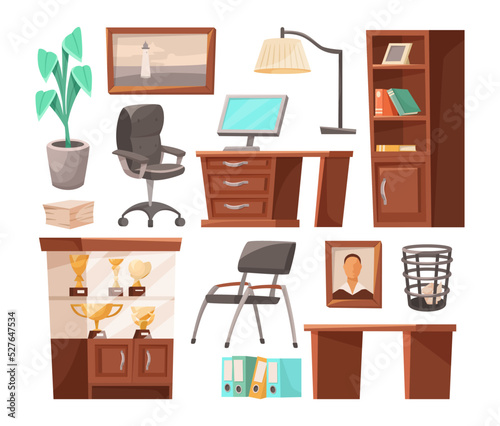 Principal office interior elements vector illustrations set. Desk or table for director room, cupboard or stand with trophies isolated on white background. School, workplace, furniture concept