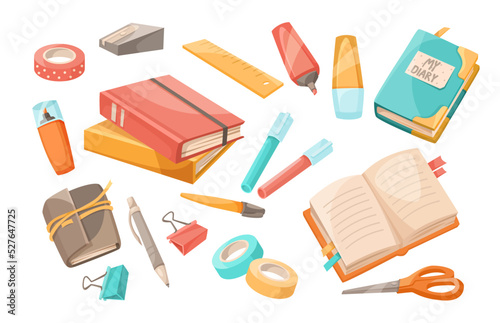 Notebooks and writing tools vector illustrations set. Cartoon drawings of school or office supplies, books, pens, note pads for diary, pencil sharpener isolated on white background. Stationery concept
