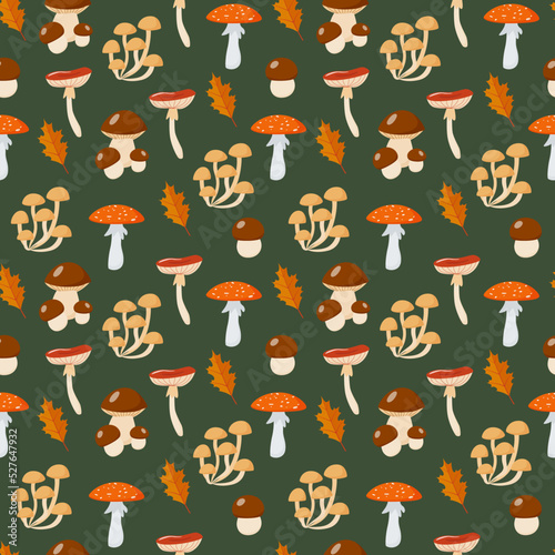Vector seamless pattern with different mushrooms on dark green background. Autumn season background for wallpaper, wrapping paper, fabric, textile, scrapbook. Flat style design.