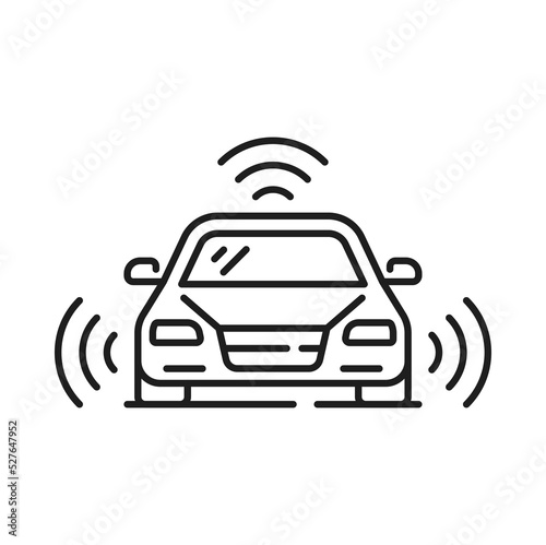 Driverless car or self driving vehicle icon with smart sensors, vector future technology. Self driving car or autonomous vehicle with automatic transport system of road radars and cameras