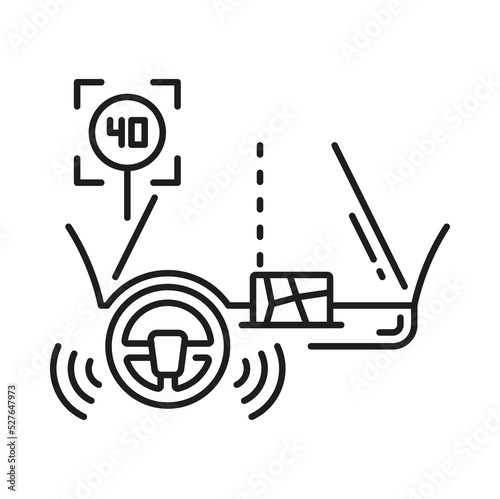 Driverless car, self driving autonomous vehicle icon of vector dashboard with smart technology. Self driving car or automatic vehicle with driving or navigation sensors and traffic intelligent system