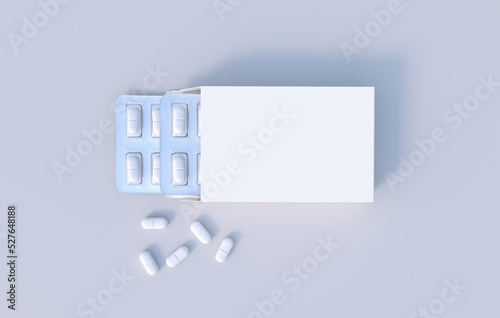 Package with two blisters with medicines pills. Mockup template. 3d rendering photo